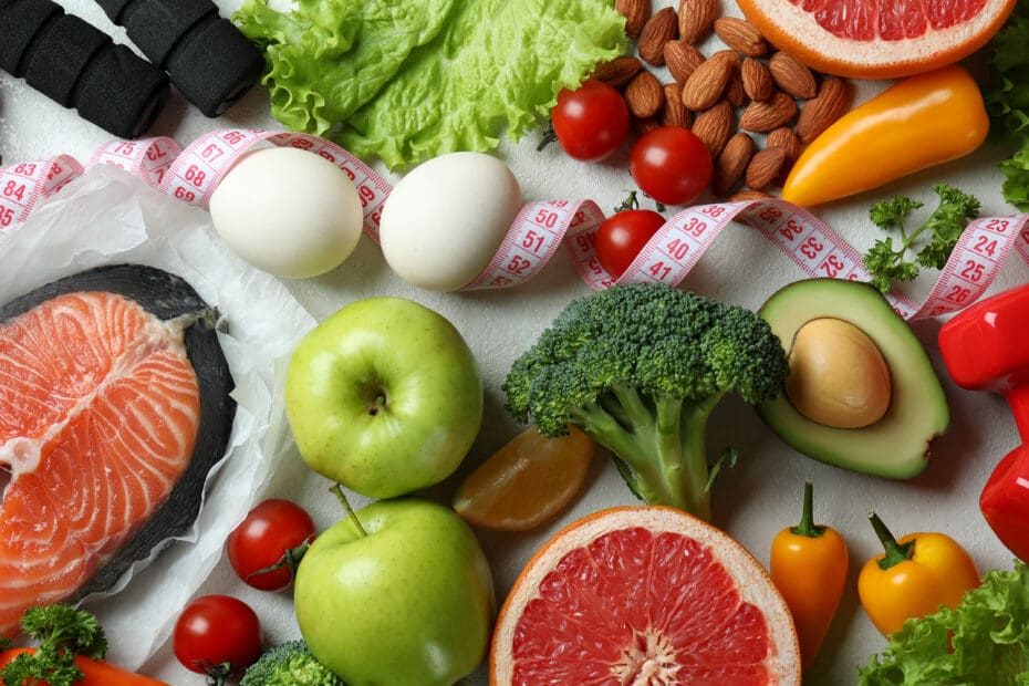 Healthy nutrition concept on white textured background, top view